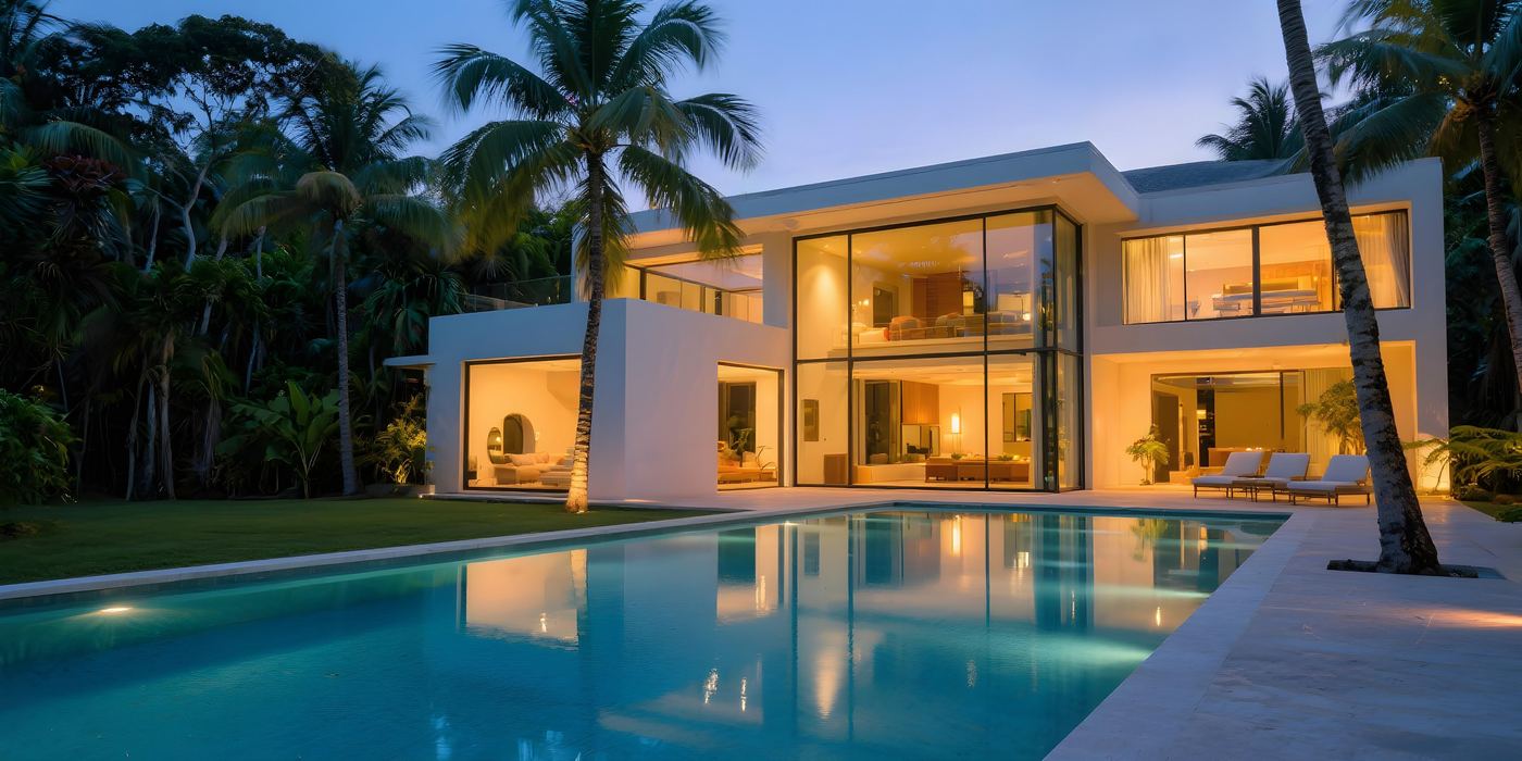 Casa de alto padrão projetada por Felipe Moraes, piscina ao entardecer