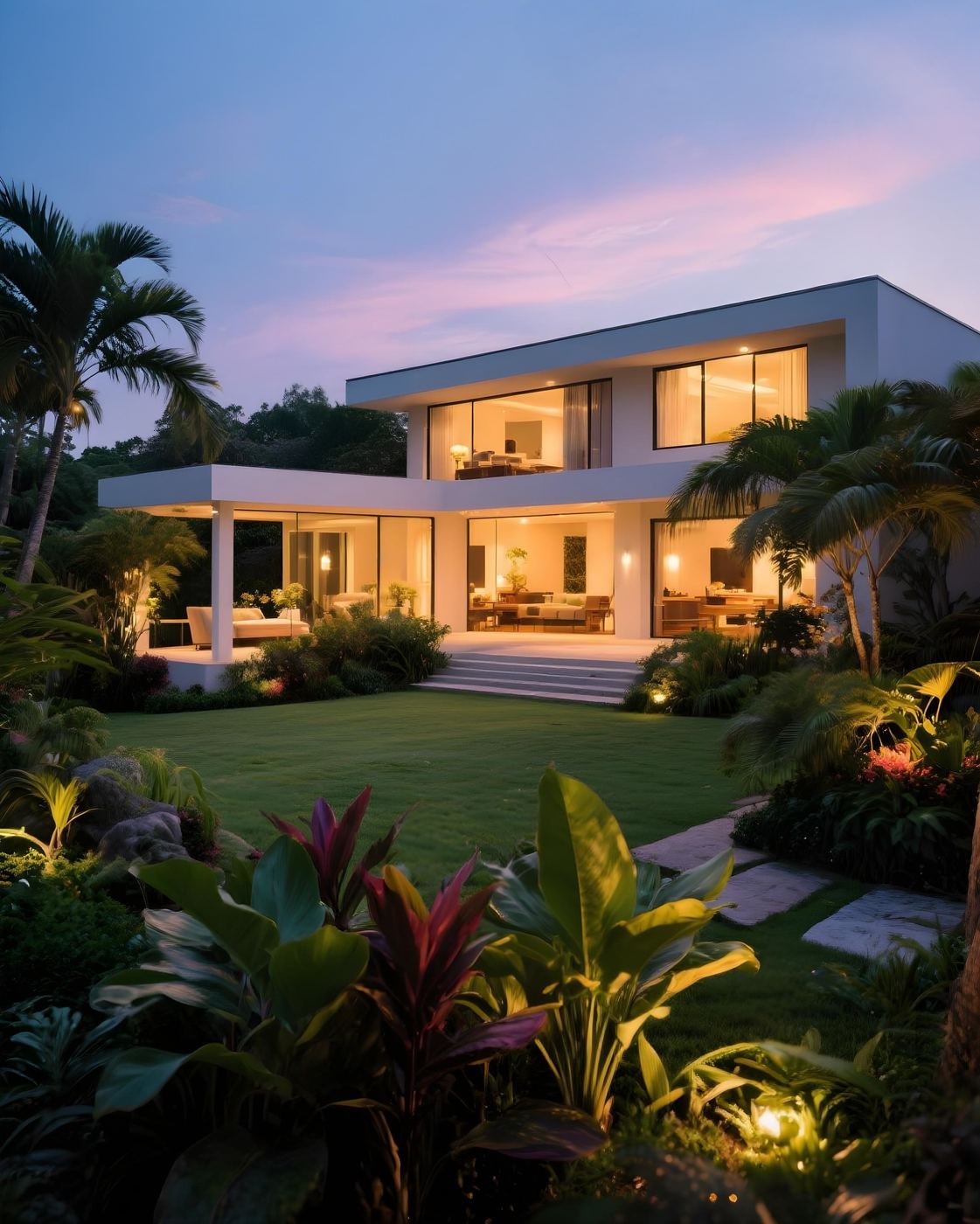Casa de alto padrão projetada por Felipe Moraes, entardecer
