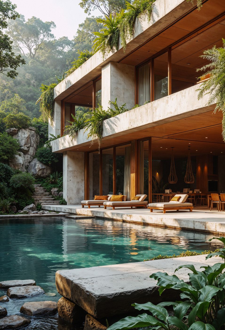 Casa de alto padrão projetada por Felipe Moraes, piscina na mata